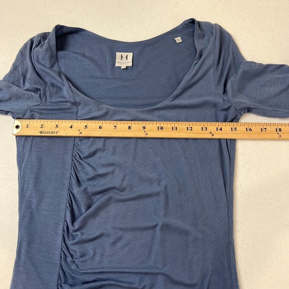 Halston Heritage Sheath Dress Sz 2 Blue Ruched 3/4 Sleeve Scoop Neck Silk Blend - Picture 10 of 13